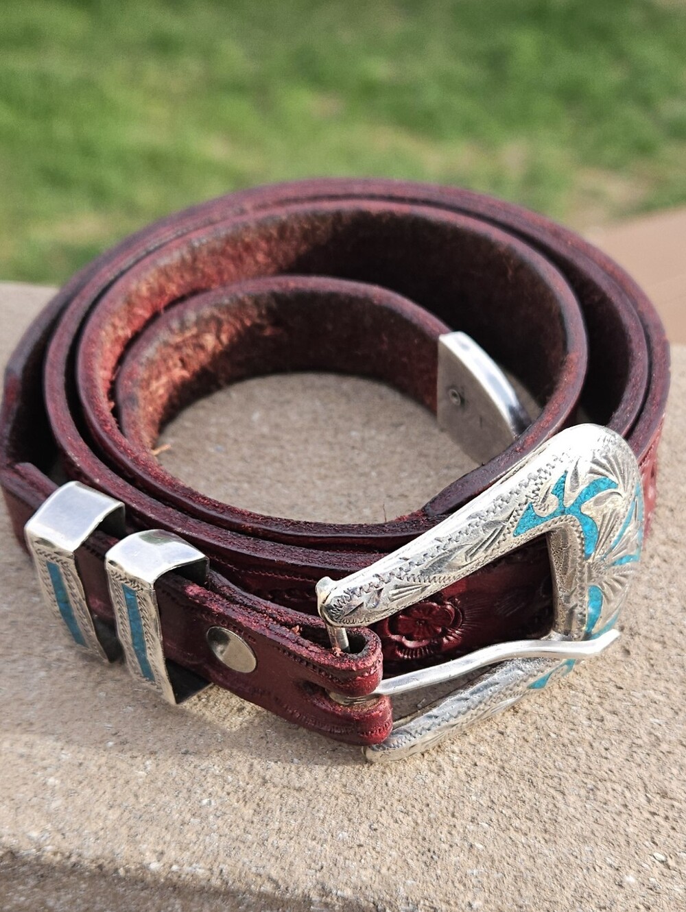 Vintage PFS United Sterling Silver 925 Turquoise Western Belt - Engraved Buckle